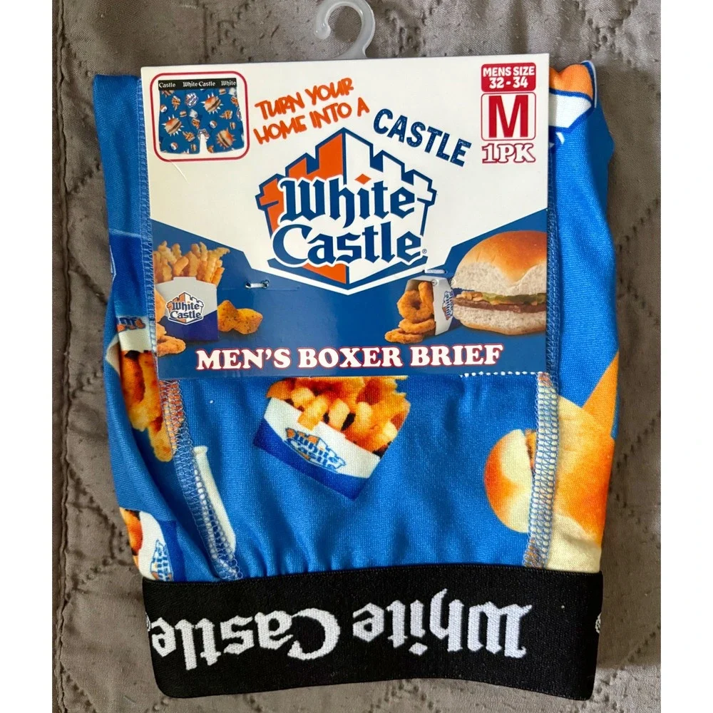 White Castle Mens Boxer Briefs Blue Burger Fries Food Print Size Med 32-34 NEW